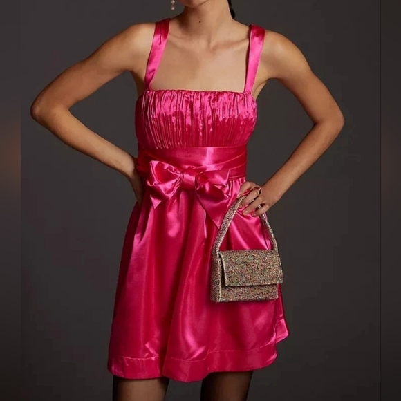 Maeve Dresses & Skirts - Anthropologie Maeve Nwot Pink Bow-Tie Satin Mini Dress Fairycore Whimsical Sz 4